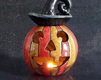 Raku Halloween Jack-o'-Lantern – Ceramic Pumpkin Candle Holder & Oil Burner – Handmade Pottery Halloween Decoration – Custom Colors