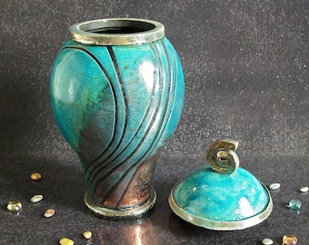 Raku elegant cremation urn for ashes turquoise crackle glaze with black stripes pattern, for human or pet, various colors and size available