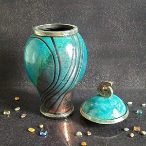 Raku elegant cremation urn for ashes turquoise crackle glaze with black stripes pattern, for human or pet, various colors and size available image 1