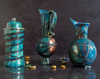raku pottery vase set, ceramic vases, set of vases, bud vases, custom blue vases, ikebana vases, raku decorative vases, wedding pottery gift