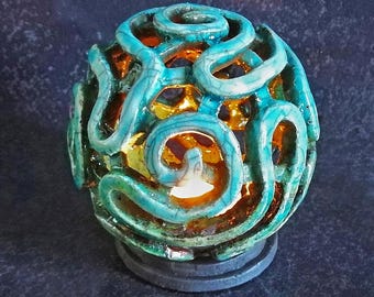 Raku Brain Coral Candle Lantern – Ceramic Tealight Candle Holder – Coastal Pottery Luminary – Organic Sculpture – Custom Colors