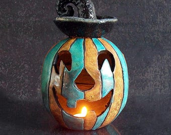 Raku Mystic Jack-o'-Lantern – Turquoise Ceramic Pumpkin Candle Holder & Oil Burner – Halloween Decoration – Handmade Italian Pottery