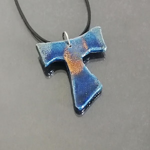 raku pottery blue tau cross pendant, tau necklace, saint francis cross, franciscan tau, catholic jewelry, tau jewelry, first communion cross