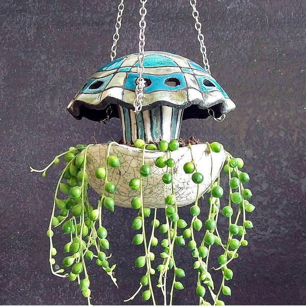 ceramic jellyfish hanging planter pot, hanging terrarium, raku pottery planter, jellyfish ornament, cosatal ceramic planter, hanging pot