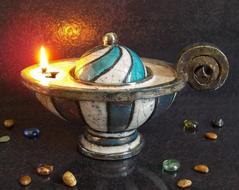 raku pottery oil lamp of genie turquoise and white, lamp of aladdin, ancient oil lamp customizable, antique style oil lantern