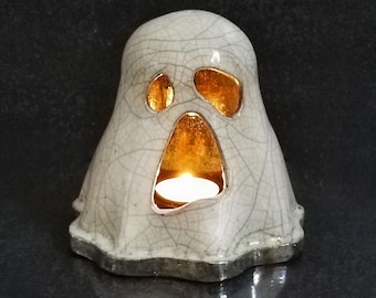 Raku Ceramic Ghost Candle Holder – Spooky Ghost Tealight Lantern - Pottery Ghost Luminary - Halloween Decor - Handmade in Italy