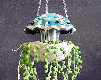 ceramic jellyfish hanging planter pot, hanging terrarium, raku pottery planter, jellyfish ornament, cosatal ceramic planter, hanging pot