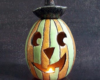 Pottery Pumpkin Jack-ò-Lantern, Candle Holder & Essential Oil Diffuser - Italian Raku Ceramic Halloween Decorations - Handmade, Customizable