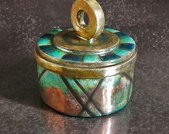 Caja de joyería de cerámica Raku - Caja decorativa con diseño geométrico, caja de joyería redonda con tapa - Artesanía italiana