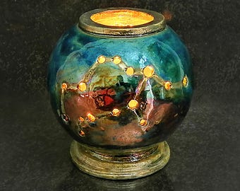 Zodiac Constellation Lamp – Raku Ceramic Tealight Holder – Handmade Astrology Gift Zodiac Lantern – Custom Colors & Star Sign Light