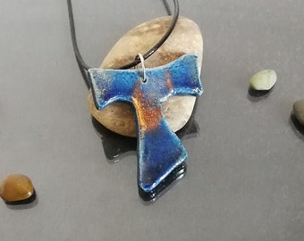 raku pottery blue tau cross pendant, tau necklace, saint francis cross, franciscan tau, catholic jewelry, tau jewelry, first communion cross