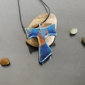 raku pottery blue tau cross pendant, tau necklace, saint francis cross, franciscan tau, catholic jewelry, tau jewelry, first communion cross image 1