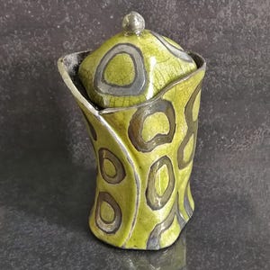 Może przedstawiać: Ceramiczny słoik z pokrywką, o unikalnym wzorze. Słoik jest głównie żółto-zielony z ciemnobrązowymi okrągłymi wzorami. Pokrywka ma mały guziczek na górze. Kształt słoika jest lekko nieregularny.