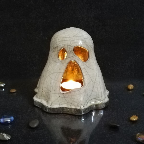 raku pottery ghost candle holder, ghost tealight, Halloween ghost ceramic, ceramic ghost light, halloween ornament, halloween ghost lantern