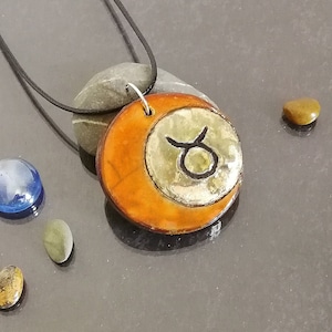Raku pottery taurus necklace, taurus pendant, taurus moon necklace, taurus jewelry, taurus sign necklace, taurus zodiac pendant personalized