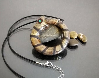 Ouroboros pendant in raku ceramic, dragon - snake eating its own tail, symbol of infinity and the eternal cycle