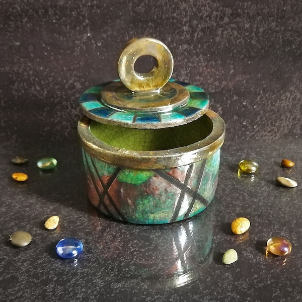 Boîte de bijoux cylindrique en céramique Raku avec des décorations géométriques, pot pour stocker des objets ou des aliments séchés, personnalisable