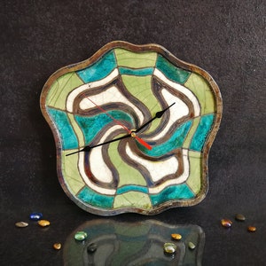Wall raku ceramic clock with abstract liberty decoration, no number wall clock with wavy profile, large dial diameter max 27 cm (10&quot;)