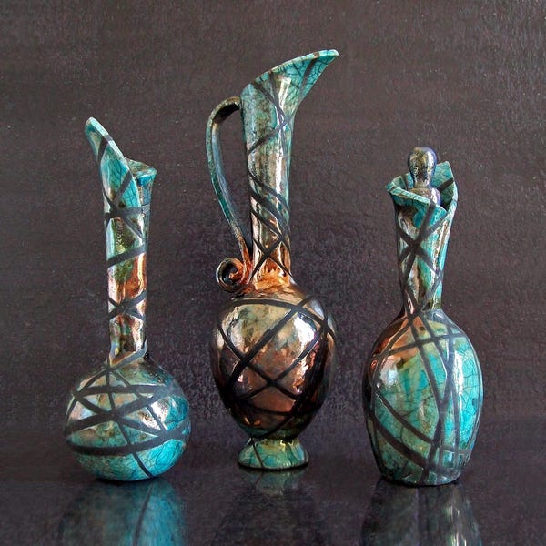 Raku Pottery Vase Set of 3 – Handmade Ceramic Vases – Decorative Amphora & Bottles – Italian Pottery – Custom Colors