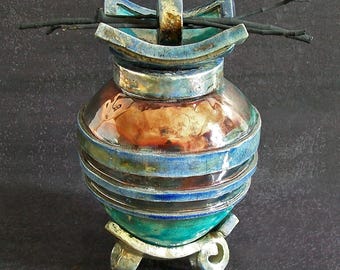 Raku Cremation Urn for Human or Pet Ashes – Oriental Harmony Ceramic Memorial Vessel with Stand – Custom Colors & Sizes - Engravable