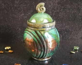 Raku ceramic spherical urn with curly lid for human or pet ashes engravable, various colors and capacity 18 / 45 / 85 / 180 cubic inches