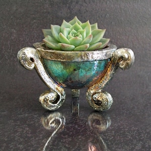 Raku Mini Tripod Footed Planter – Ceramic Cauldron Succulent Pot with Handles and Feet, Antique Style - Customizable Colors
