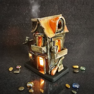 Spooky Haunted House Miniature, Raku Ceramic Candle Holder & Essential Oil Diffuser Customizable colors Halloween Decor image 1