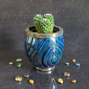 raku pottery blue planter pot for plants and succulents with black stripes pattern, others colors and size available, green thumb gift