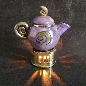 Tetera miniatura - Quemador de aceites esenciales - Difusor de cerámica Raku con estufa, hecho a mano, colores personalizables
