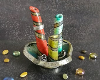 raku ceramic ring dish with cones stove pipe sponge inspired, modern multicolored jewelry dish coastal style, handmade gift for him / her,