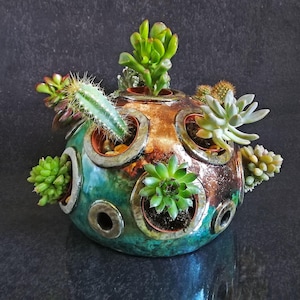 May include: A spherical ceramic planter with a teal and bronze glaze, featuring multiple circular openings. Various succulents and cacti, in shades of green and red, are planted in the openings, creating a unique, textured display. The planter sits on a dark surface.