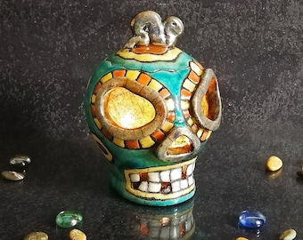 Raku ceramic mexican style skull candle holder and burner, decorative lantern for Halloween and Dia de los muertos, customizable colors