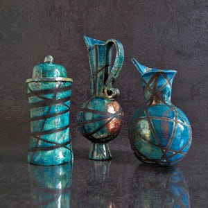 Raku Ceramic Mini Vessels – Set or Single - Handmade Jar, Pitcher and Vase Geometric Design, Custom Color