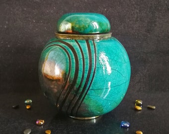 Raku ceramic spherical turquoise urn for human or pet ashes, various colors available, engravable, capacity 18 / 45 / 85 / 180 cubic inches
