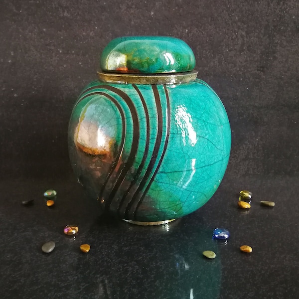 Raku ceramic spherical turquoise urn for human or pet ashes, various colors available, engravable, capacity 18 / 45 / 85 / 180 cubic inches