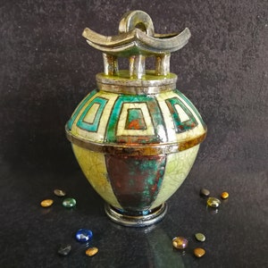 Raku Urn &quot;Temple of Heaven&quot;,Ceramic handmade cremation memorial - 2 Liters (120 Cubic Inch.) - Oriental Design, Custom colors and Engraving