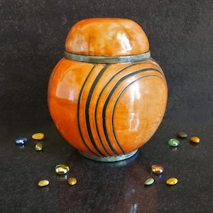 Raku ceramic round orange urn for human or pet ashes, various colors available, engravable, capacity 18 / 45 / 85 / 180 cubic inches