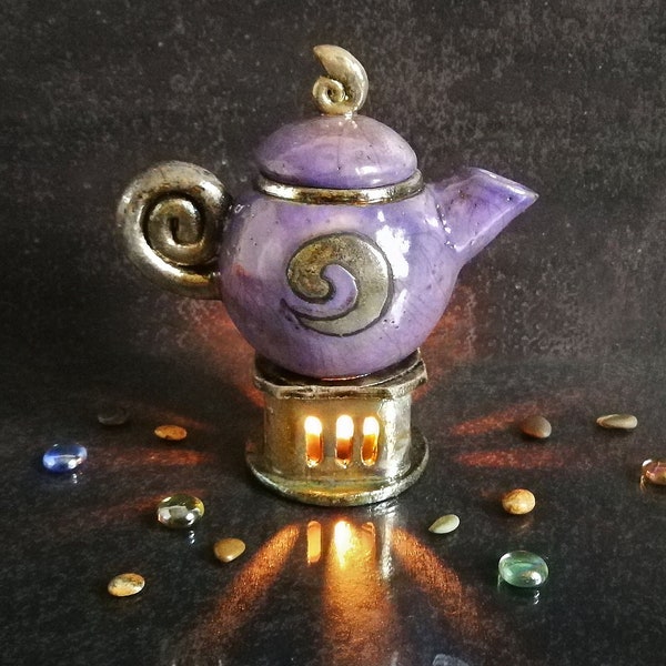 Decorative essential oil burner mini teapot with stove, raku pottery suggestive tealight diffuser, various colors available, handmade