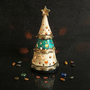 Snowy Xmas Tree Raku Candleholder - Ceramic Handmade Tealight Lantern, Customizable Holiday Decor