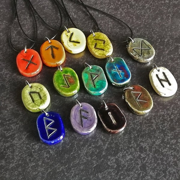 Celtic raku rune pendant handmade with rubber cord, glazed ceramic necklace, pagan lucky charm, all alphabet available, customizable colors