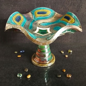Raku ceramic centerpiece wave footed bowl stand for fruits and sweets, coastal design with geometric abstract pattern, personalized colors