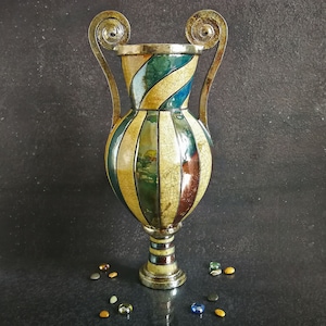 Large raku ceramic Amphora with swirled handles, blue and yellow stripes pattern, personalized colors, decorative centerpiece ornament