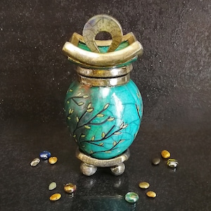 Raku Ceramic Urn &quot;Tree of Life&quot; – Handmade Cremation Memorial for Human or Pet Ashes, 45 - 122 - 210 cu in - Customizable Crackle Glaze