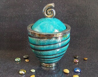 raku pottery striped jar with lid, blue jar, sugar jar, spices jar, ceramic canister, oval jar, kitchen jar, lidded jar, kitchen canister