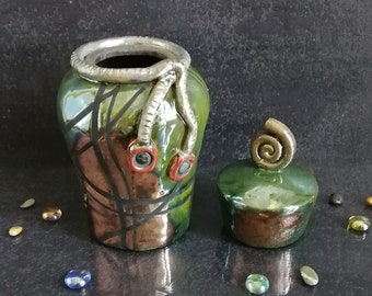 raku ceramic green Urn with lid and carved lanyard, cremation urn for human or pet ashes, various colors available,