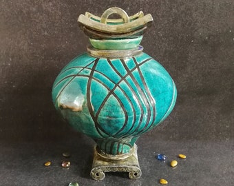 raku ceramic large turquoise Urn for human or pet ashes, drop shape urn with lid, cremation urn, personalized urn, oriental urn, pet urn