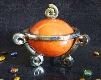 Mini raku ceramic jewelry and trinket holder with lid and 3 feet and handles, customizable color, elegant centerpiece for small objects