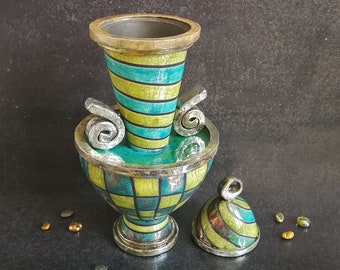 Elegant raku cremation urn for human or pet ashes with stripes and chessboard pattern, funeral urn green and turquoise crakclè customizable