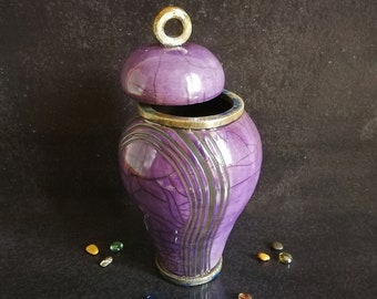 Raku ceramic purple funeral urn for human or pet ashes - 0.3 / 0.75 / 2 / 5 liters - customizable color - engraving included