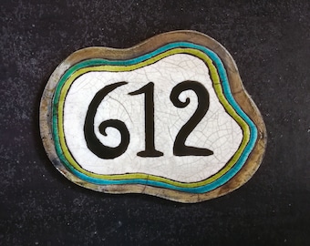 Raku ceramic house number tile plaque with wavy colorful frame customizable, coastal style front door tile completely personalized, handmade